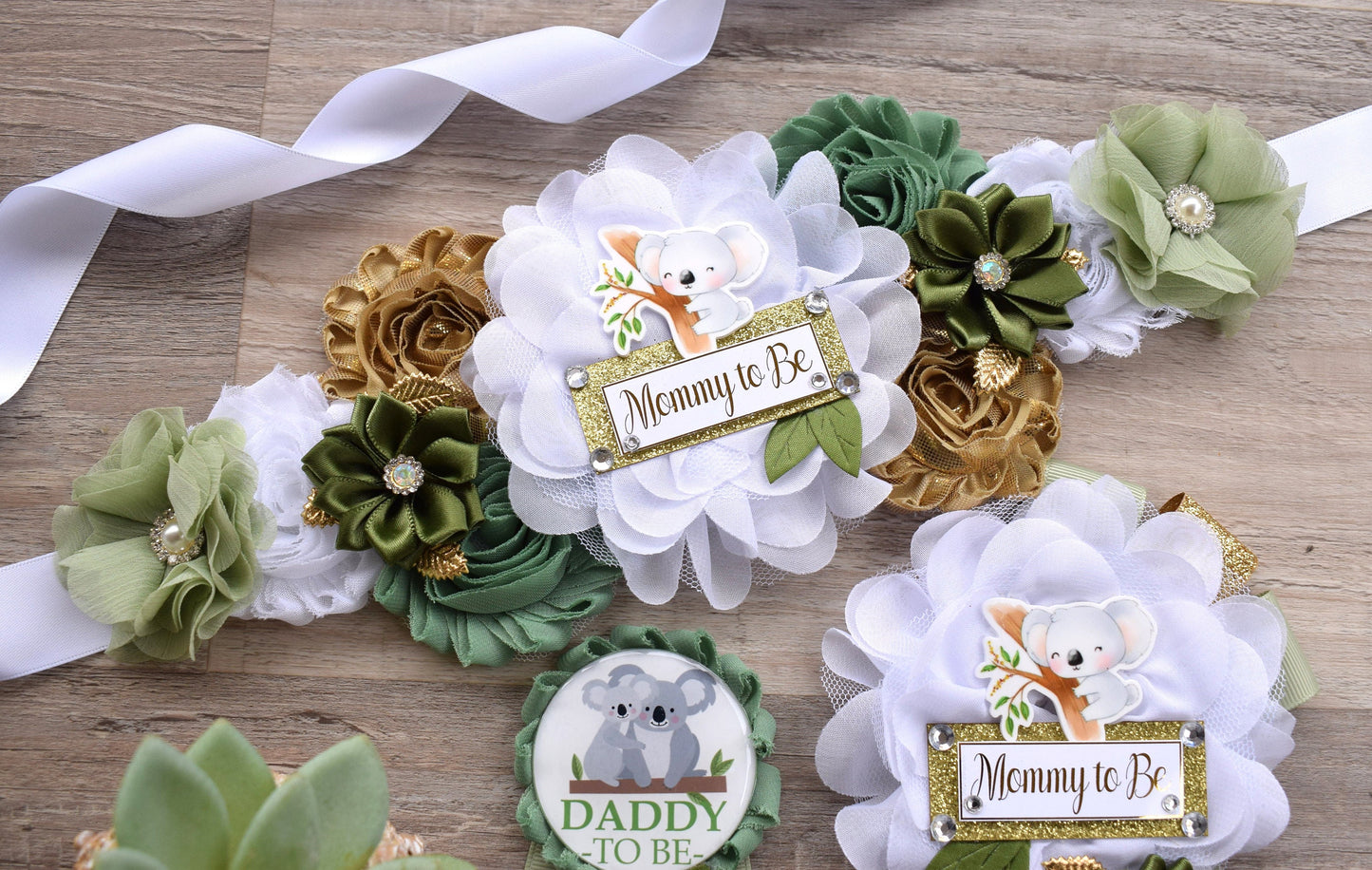 Koala Baby Shower, Koala Mommy to Be Pin, Koala Baby Shower Pin, Koala Greenery Maternity Sash, Baby Shower, Green White Gold - S0004 - Celebrations By Cris