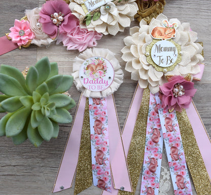 Girl Deer Baby Shower, Pink Deer Mommy To Be Maternity Sash, Deer Daddy To Be Corsage Pins, Pink Tan Gold Girl Beer, Custom - Celebrations By Cris