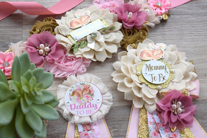 Girl Deer Baby Shower, Pink Deer Mommy To Be Maternity Sash, Deer Daddy To Be Corsage Pins, Pink Tan Gold Girl Beer, Custom - Celebrations By Cris