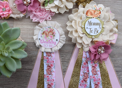 Girl Deer Baby Shower, Pink Deer Mommy To Be Maternity Sash, Deer Daddy To Be Corsage Pins, Pink Tan Gold Girl Beer, Custom - Celebrations By Cris