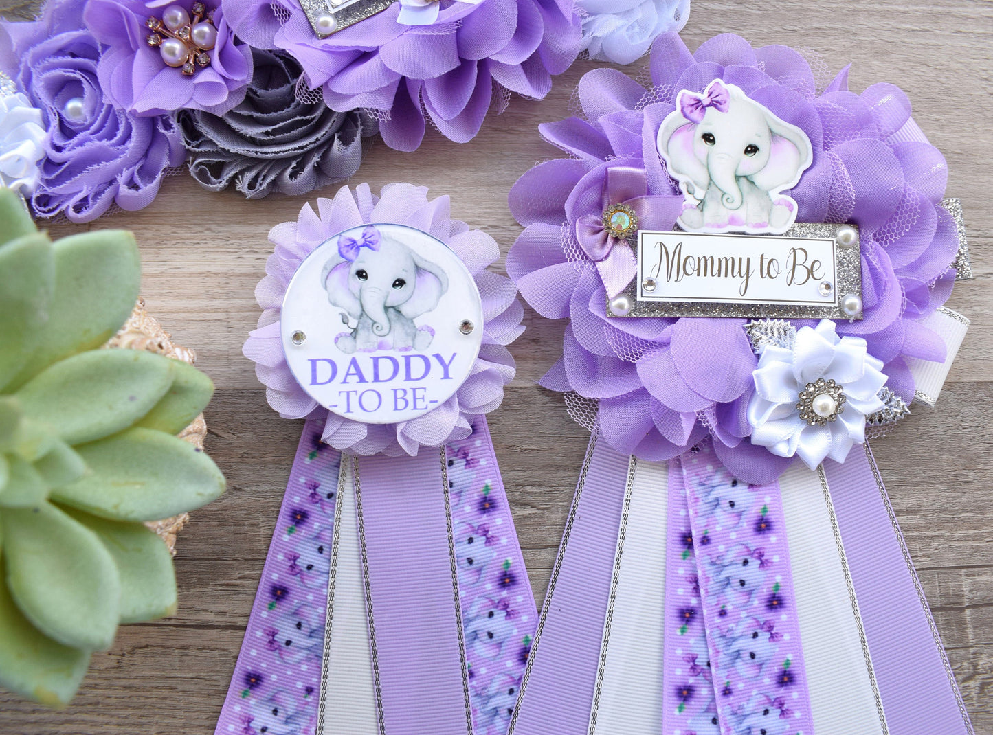 Lavender Grey Elephant Baby Shower, Lavender Grey Elephant Sash and Pin Set, Purple Elephant Belly Sash, Lilac Flower Maternity Sash, Custom - Celebrations By Cris