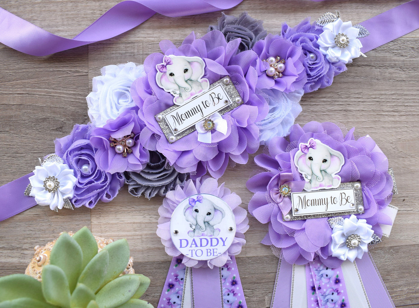 Lavender Grey Elephant Baby Shower, Lavender Grey Elephant Sash and Pin Set, Purple Elephant Belly Sash, Lilac Flower Maternity Sash, Custom - Celebrations By Cris