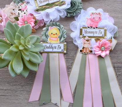 Girl Farm Animal Baby Shower, Barn Animal Baby Shower, Cow Sheep Horse Mommy To Be Ribbon Pin, Farm Daddy To Be Ribbon Pin - S0003 - Celebrations By Cris