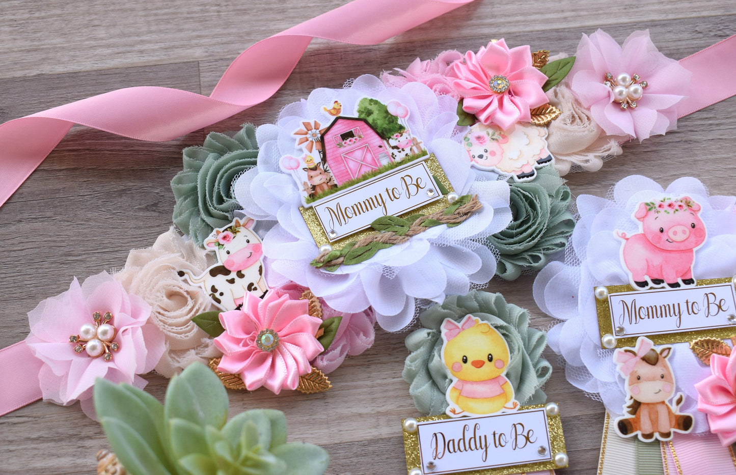 Girl Farm Animal Baby Shower, Barn Animal Baby Shower, Cow Sheep Horse Mommy To Be Ribbon Pin, Farm Daddy To Be Ribbon Pin - S0003 - Celebrations By Cris