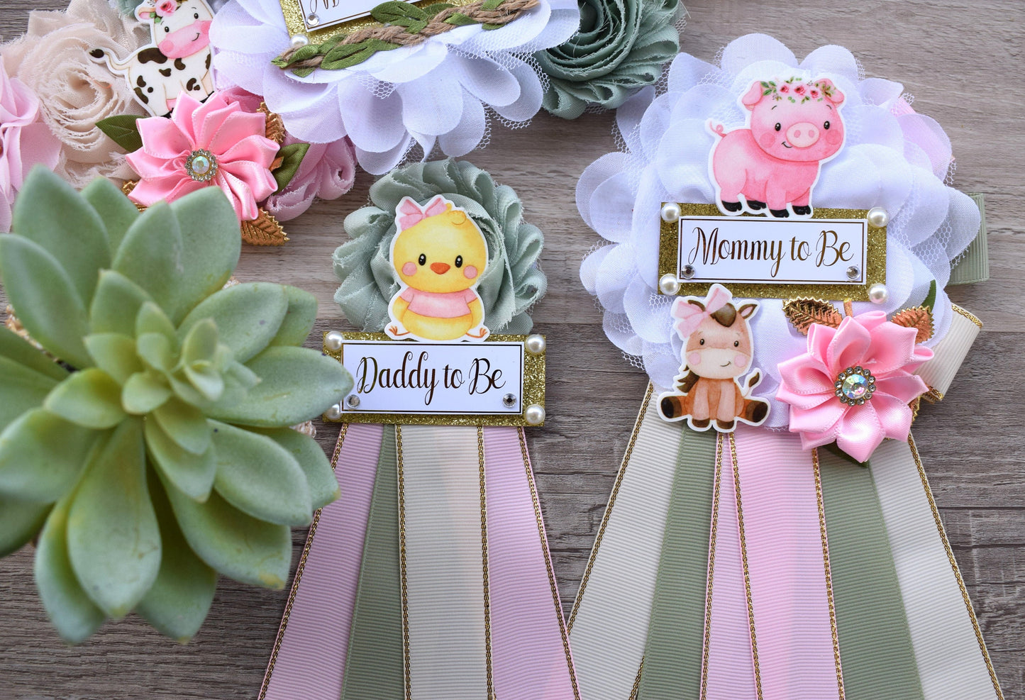 Girl Farm Animal Baby Shower, Barn Animal Baby Shower, Cow Sheep Horse Mommy To Be Ribbon Pin, Farm Daddy To Be Ribbon Pin - S0003 - Celebrations By Cris