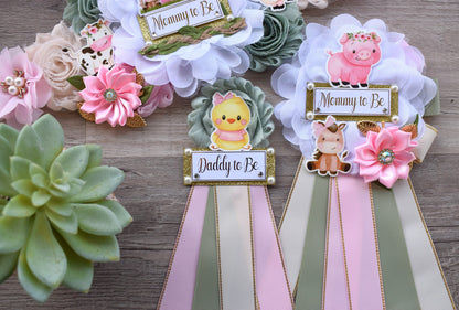 Girl Farm Animal Baby Shower, Barn Animal Baby Shower, Cow Sheep Horse Mommy To Be Ribbon Pin, Farm Daddy To Be Ribbon Pin - S0003 - Celebrations By Cris