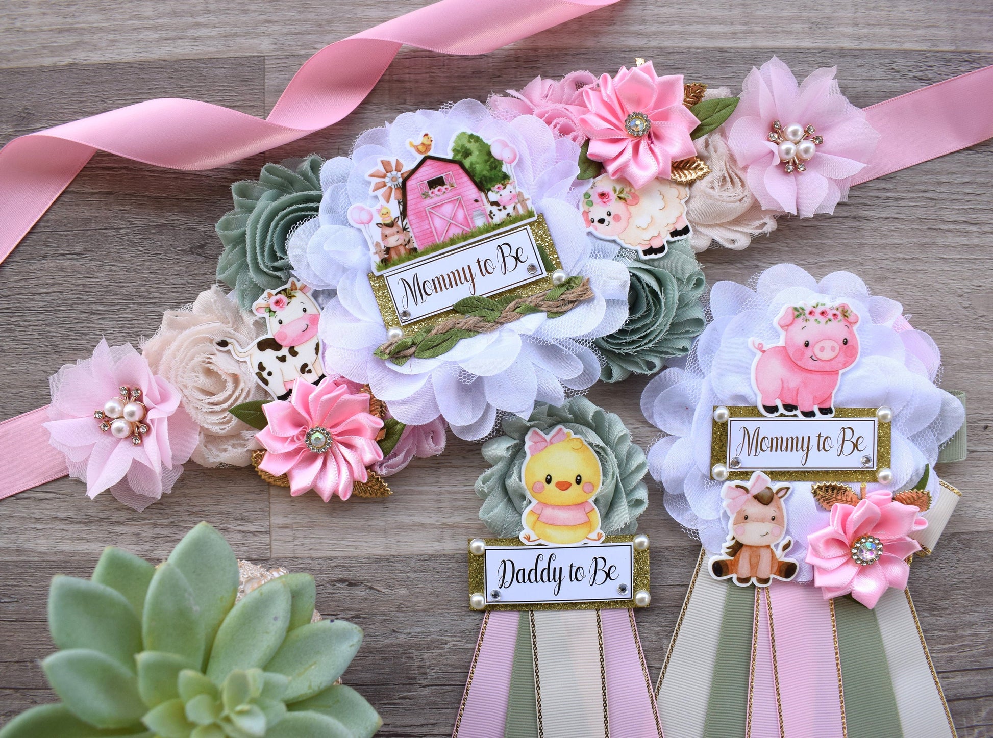 Girl Farm Animal Baby Shower, Barn Animal Baby Shower, Cow Sheep Horse Mommy To Be Ribbon Pin, Farm Daddy To Be Ribbon Pin - S0003 - Celebrations By Cris