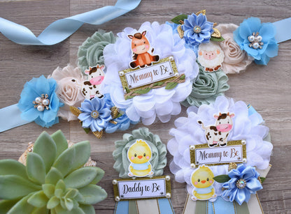 Boy Farm Animal Baby Shower, Barn Animal Baby Shower, Cow Sheep Horse Mommy To Be Ribbon Pin, Farm Daddy To Be Ribbon Pin - S0007 - Celebrations By Cris