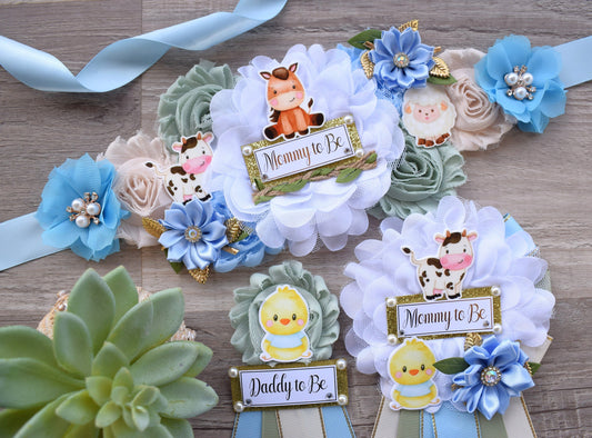 Boy Farm Animal Baby Shower, Barn Animal Baby Shower, Cow Sheep Horse Mommy To Be Ribbon Pin, Farm Daddy To Be Ribbon Pin - S0007 - Celebrations By Cris