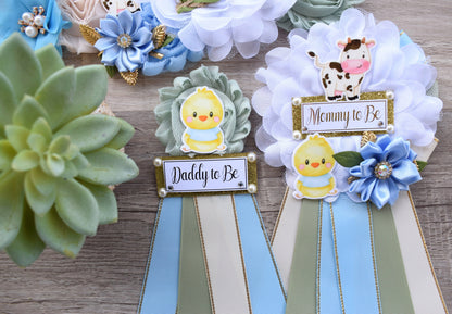 Boy Farm Animal Baby Shower, Barn Animal Baby Shower, Cow Sheep Horse Mommy To Be Ribbon Pin, Farm Daddy To Be Ribbon Pin - S0007 - Celebrations By Cris