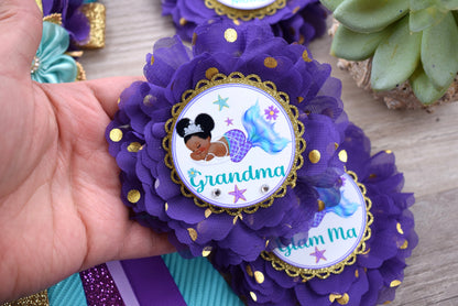 Mermaid Baby Shower, Purple Lavender Turquoise, Mermaid Mommy To Be Ribbon, Mermaid Daddy To Be Pin, Custom