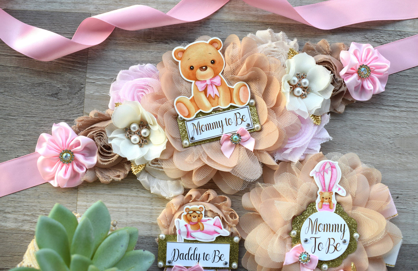 Pink Teddy Bear Baby Shower, Pink Bear Mommy Bear Maternity Sash, Papa Teddy Bear Mommy Daddy To Be Corsage, Pink Girl Teddy Bear, Custom - Celebrations By Cris