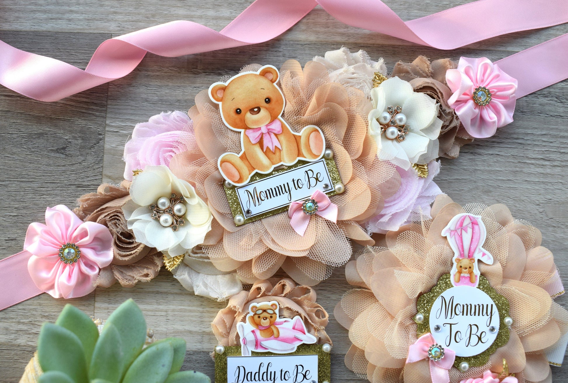 Pink Teddy Bear Baby Shower, Pink Bear Mommy Bear Maternity Sash, Papa Teddy Bear Mommy Daddy To Be Corsage, Pink Girl Teddy Bear, Custom - Celebrations By Cris