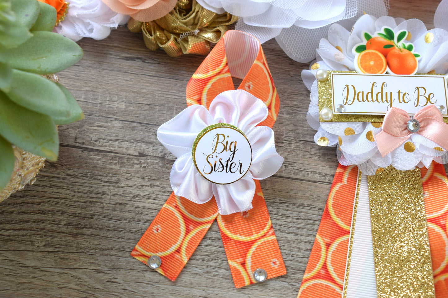 Orange Baby Shower, A Little Cutie Is On The Way, Fruit Orange Maternity Sash, Mommy To Be Ribbon Pin, Daddy To Be Ribbon, Baby Shower Gift - Celebrations By Cris