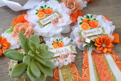 Orange Baby Shower, A Little Cutie Is On The Way, Fruit Orange Maternity Sash, Mommy To Be Ribbon Pin, Daddy To Be Ribbon, Baby Shower Gift - Celebrations By Cris