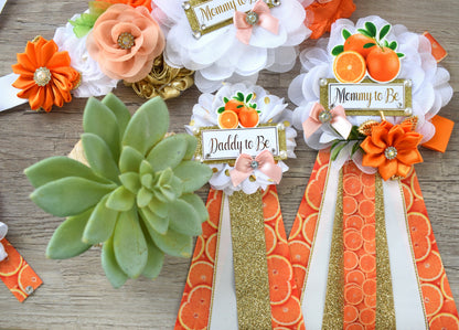 Orange Baby Shower, A Little Cutie Is On The Way, Fruit Orange Maternity Sash, Mommy To Be Ribbon Pin, Daddy To Be Ribbon, Baby Shower Gift - Celebrations By Cris