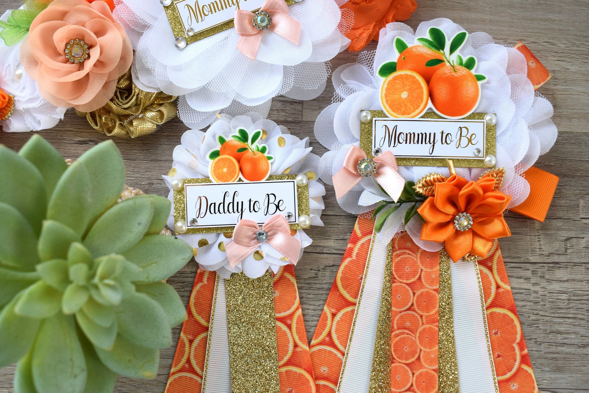 Orange Baby Shower, A Little Cutie Is On The Way, Fruit Orange Maternity Sash, Mommy To Be Ribbon Pin, Daddy To Be Ribbon, Baby Shower Gift - Celebrations By Cris