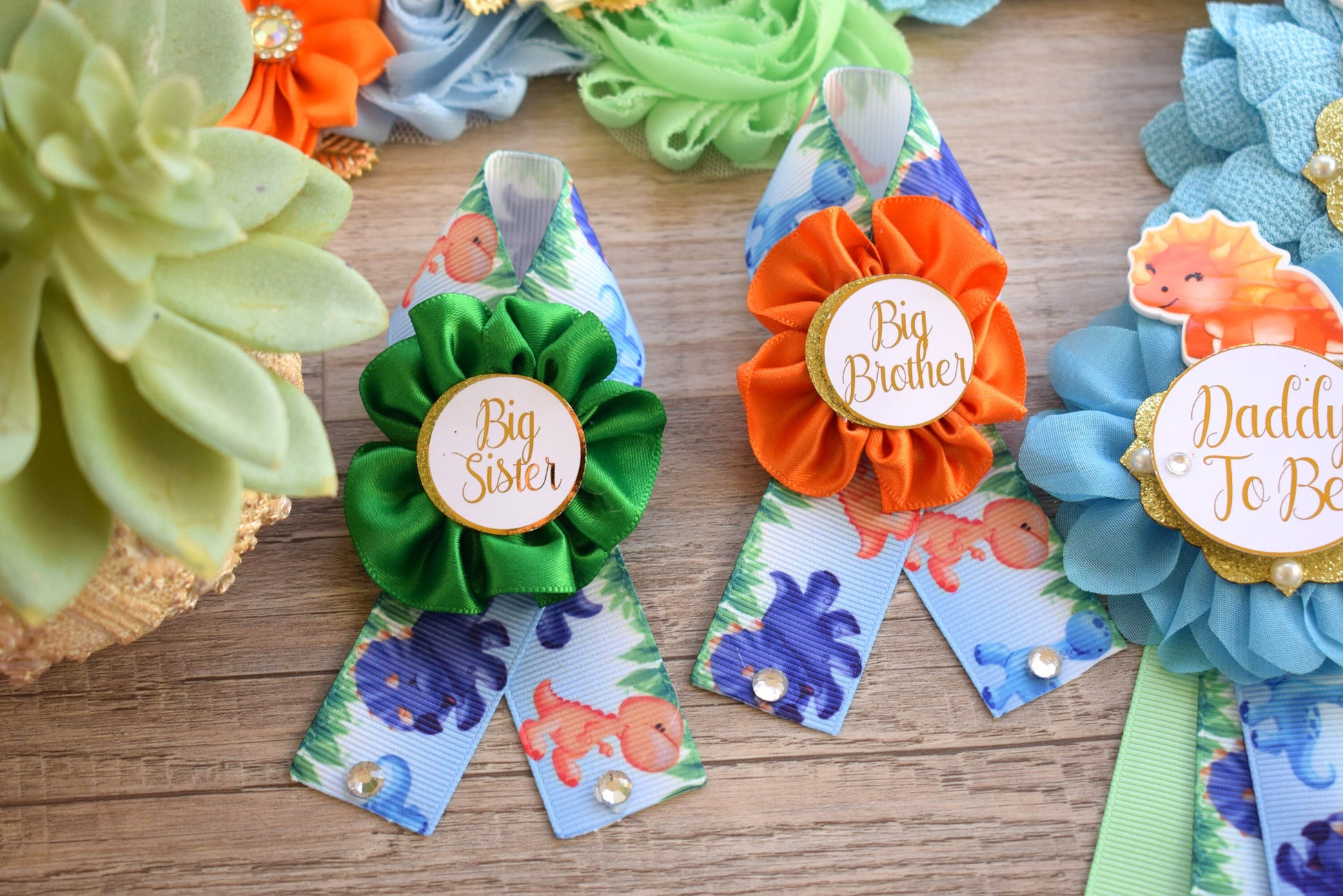 Dinosaur Baby Shower, Dinosaur Mommy to Be Sash, Dinosaur Mommy To Be Ribbon, Dinosaur Daddy to Be, Dinosaur Orange Green Blue, Custom - Celebrations By Cris