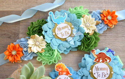 Dinosaur Baby Shower, Dinosaur Mommy to Be Sash, Dinosaur Mommy To Be Ribbon, Dinosaur Daddy to Be, Dinosaur Orange Green Blue, Custom - Celebrations By Cris