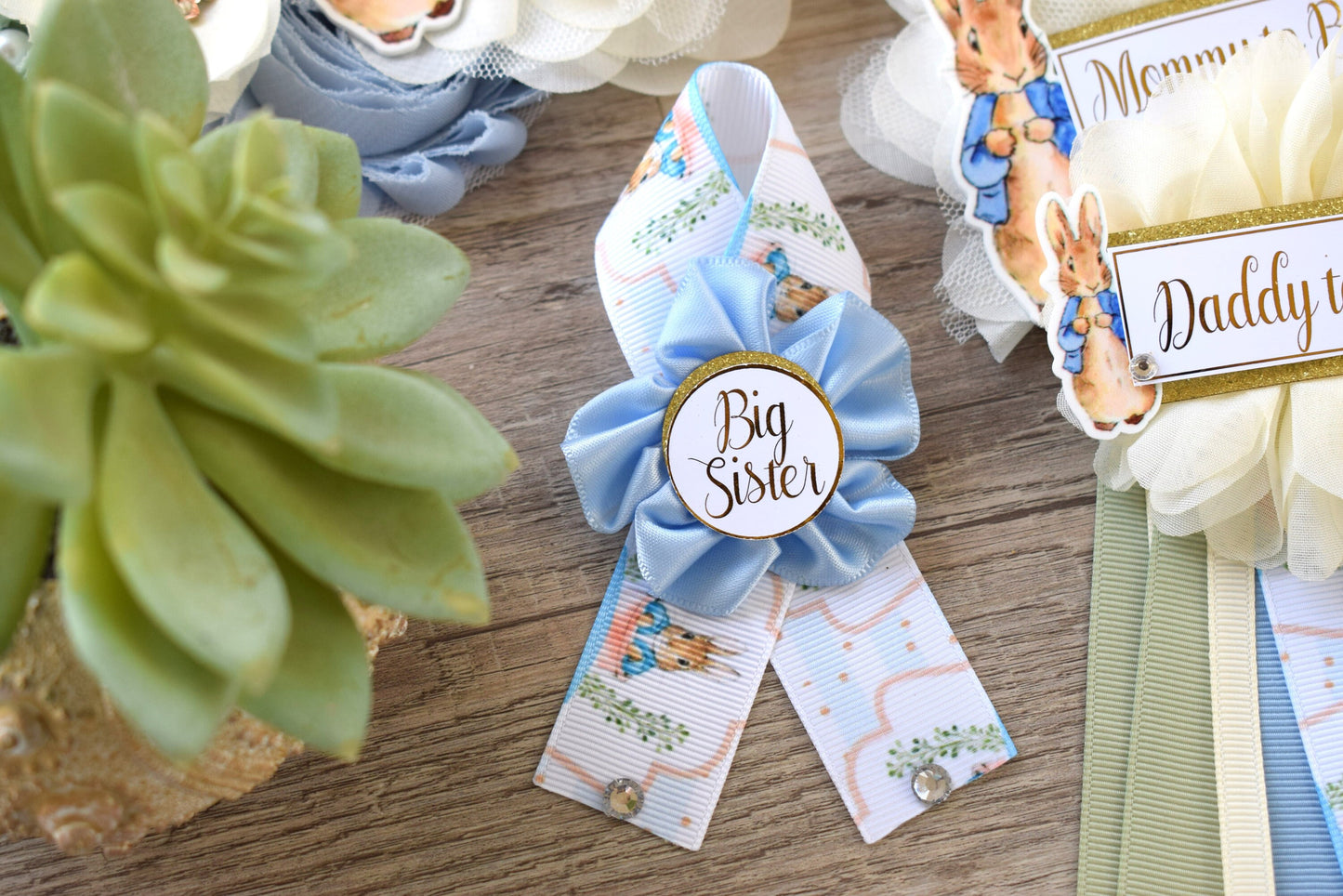 Rabbit Baby Shower, Boy Rabbit Mommy to Be Pin, Blue Green Boy Rabbit Shower, Rabbit Mommy Corsage Pin