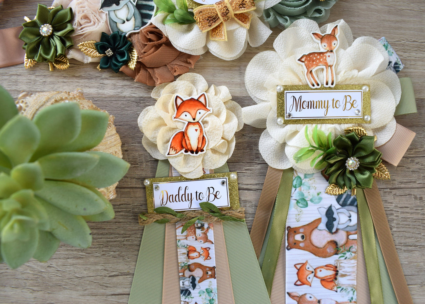 Woodland Baby Shower, Sage Green Fox Raccoon Woodland Maternity Sash, Mommy To Be Ribbon, Daddy To Be Pin, Woodland Baby Shower- S0005 - Celebrations By Cris