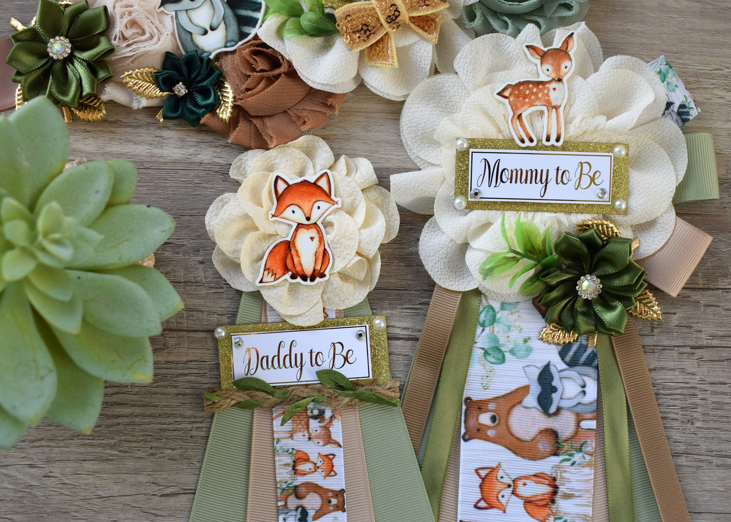 Woodland Baby Shower, Sage Green Fox Raccoon Woodland Maternity Sash, Mommy To Be Ribbon, Daddy To Be Pin, Woodland Baby Shower- S0005 - Celebrations By Cris