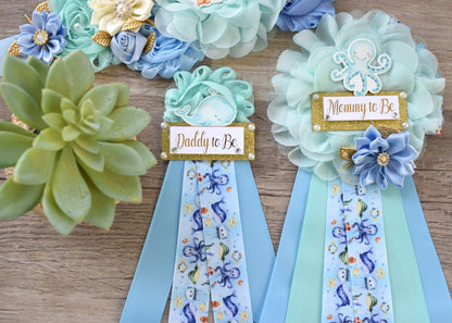 Under The Sea Baby Shower, Turtle Octopus Starfish Aqua Blue Flower Maternity Sash, Under The Sea Mommy To Be, Under The Sea Daddy To Be - Celebrations By Cris