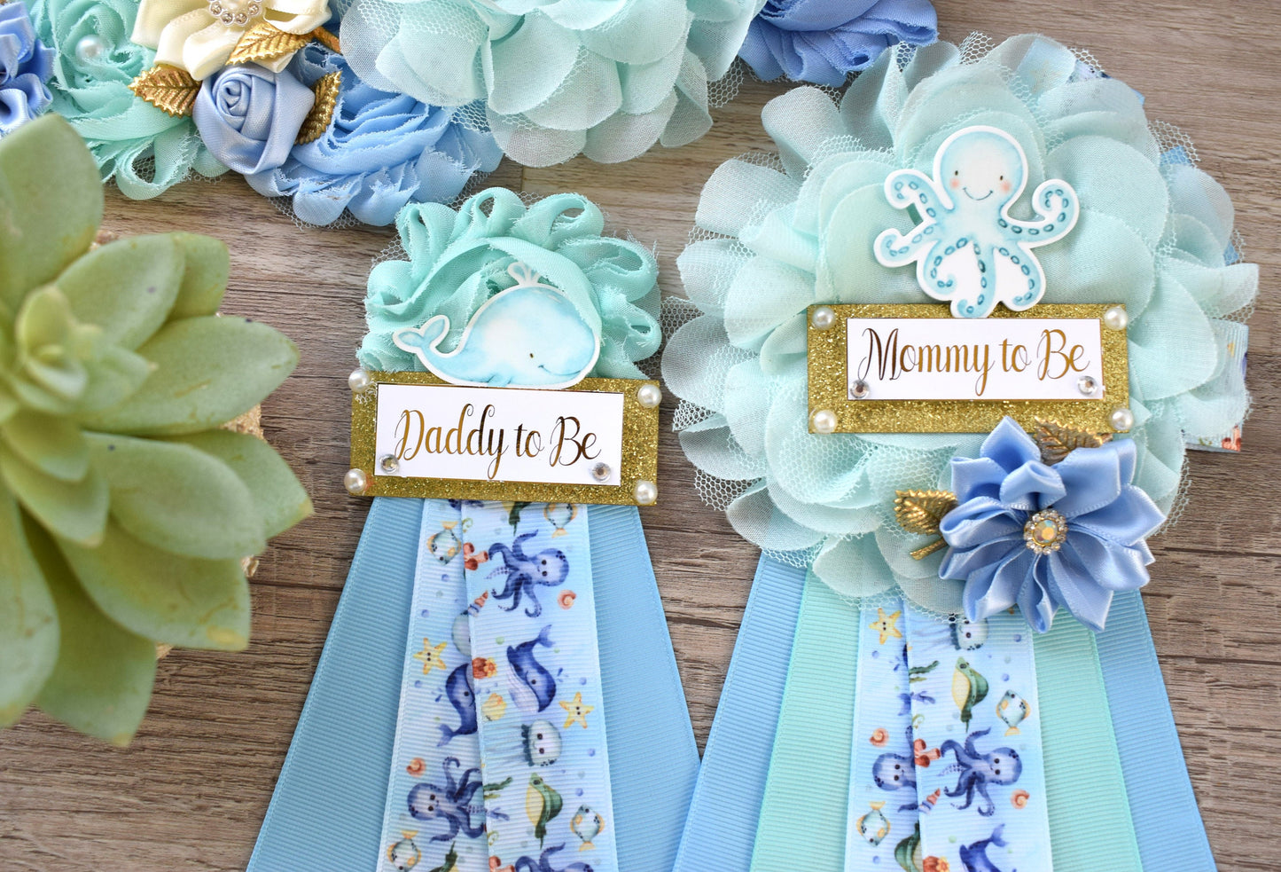 Under The Sea Baby Shower, Turtle Octopus Starfish Aqua Blue Flower Maternity Sash, Under The Sea Mommy To Be, Under The Sea Daddy To Be - Celebrations By Cris