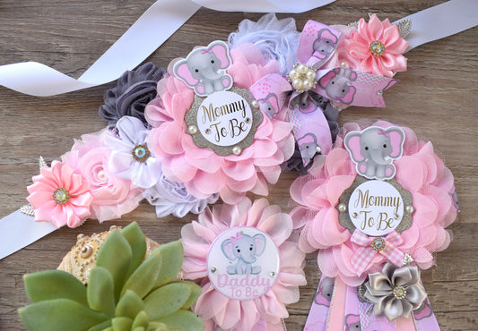 Pink Elephant Baby Shower, Girl Pink Elephant Maternity Sash, Pink Elephant Belly Mommy To Be Ribbon, Girl Daddy To Be Pin, Custom - Celebrations By Cris