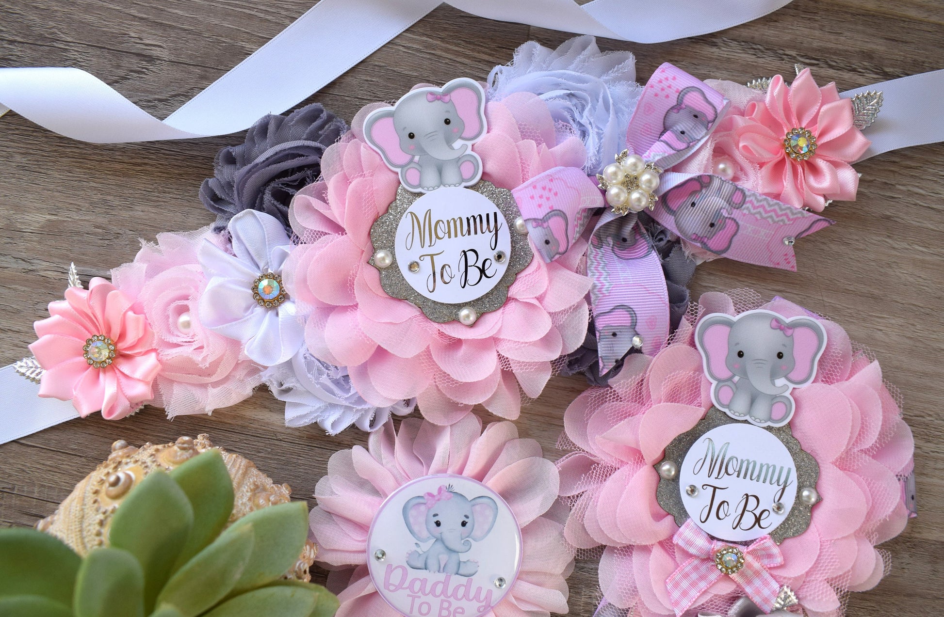 Pink Elephant Baby Shower, Girl Pink Elephant Maternity Sash, Pink Elephant Belly Mommy To Be Ribbon, Girl Daddy To Be Pin, Custom - Celebrations By Cris