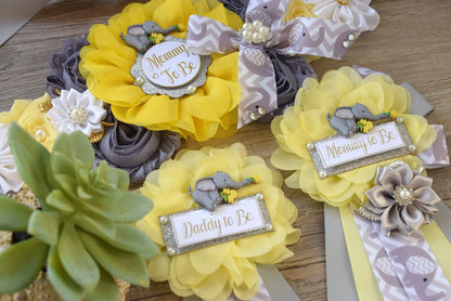 Yellow Grey Elephant Baby Shower, Yellow Grey Elephant Maternity Sash, Yellow Grey Daddy To Be Pin, Elephant Mommy To Be Ribbon, Custom