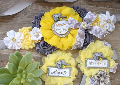 Yellow Grey Elephant Baby Shower, Yellow Grey Elephant Maternity Sash, Yellow Grey Daddy To Be Pin, Elephant Mommy To Be Ribbon, Custom