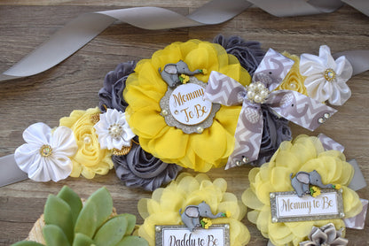 Yellow Grey Elephant Baby Shower, Yellow Grey Elephant Maternity Sash, Yellow Grey Daddy To Be Pin, Elephant Mommy To Be Ribbon, Custom