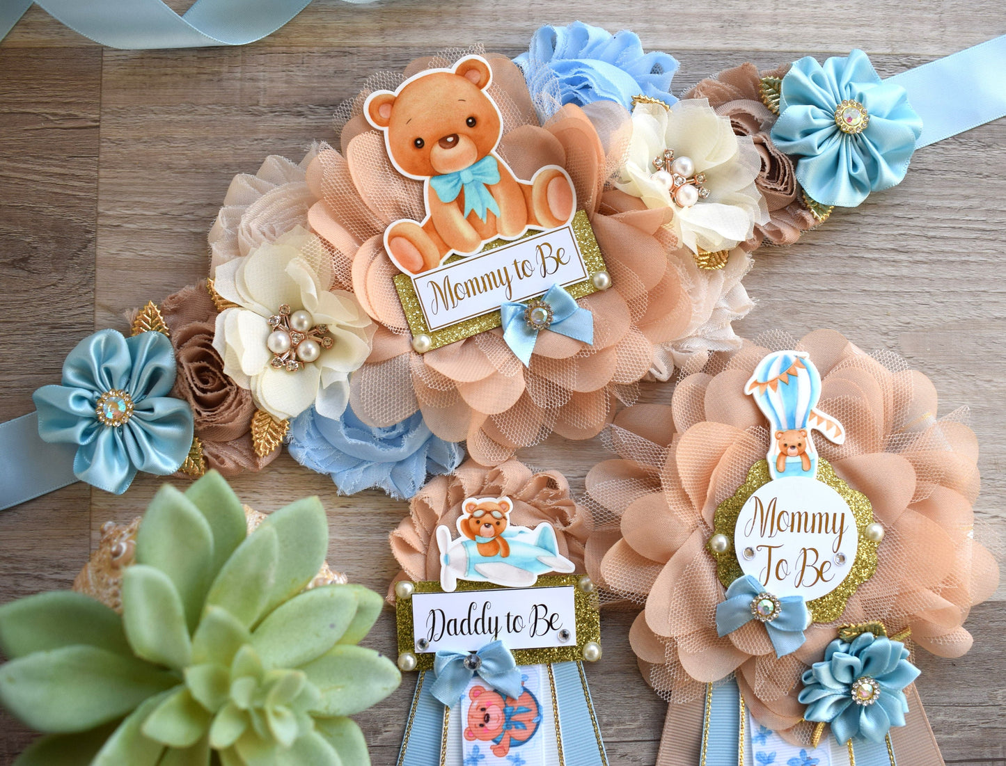 Blue Teddy Bear Baby Shower, Teddy Bear Blue Maternity Sash, Teddy Bear Daddy To Be Pin, Bear Mommy To Be, Bear Baby Shower, Custom - Celebrations By Cris