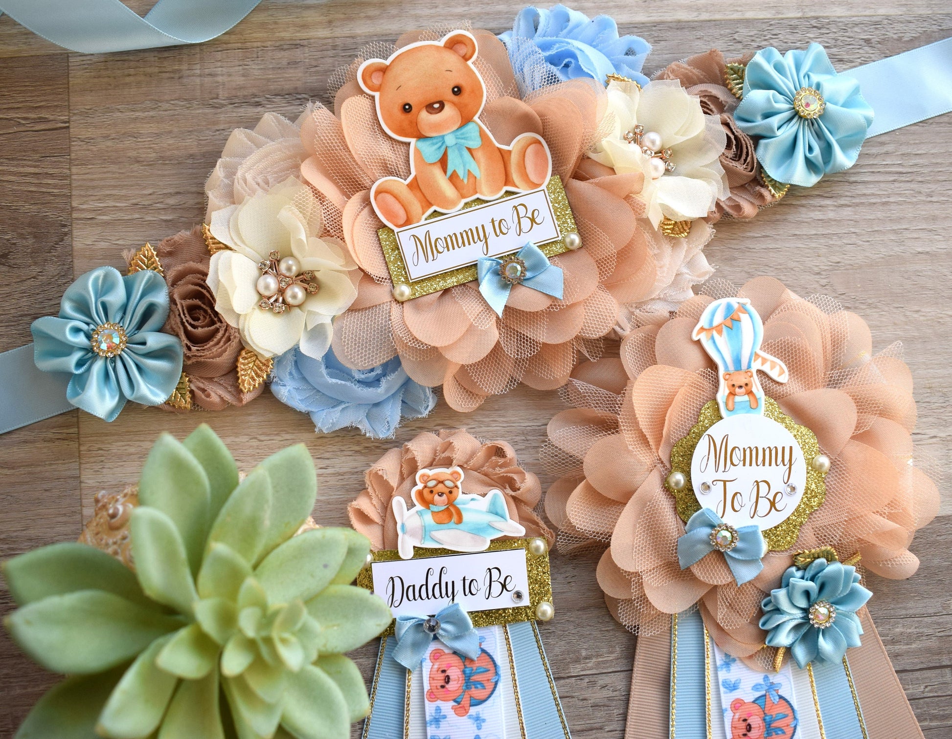 Blue Teddy Bear Baby Shower, Teddy Bear Blue Maternity Sash, Teddy Bear Daddy To Be Pin, Bear Mommy To Be, Bear Baby Shower, Custom - Celebrations By Cris