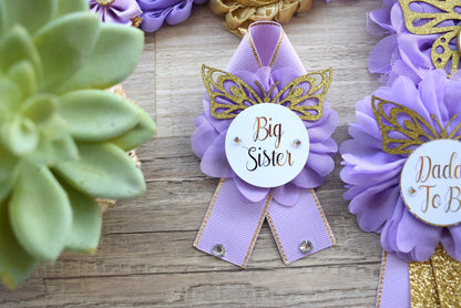 Lavender Butterfly Baby Shower, Butterfly Maternity Belly Sash, Gold Butterfly Mommy To Be Ribbon, Lilac Butterfly Daddy To Be Pin, Custom - Celebrations By Cris