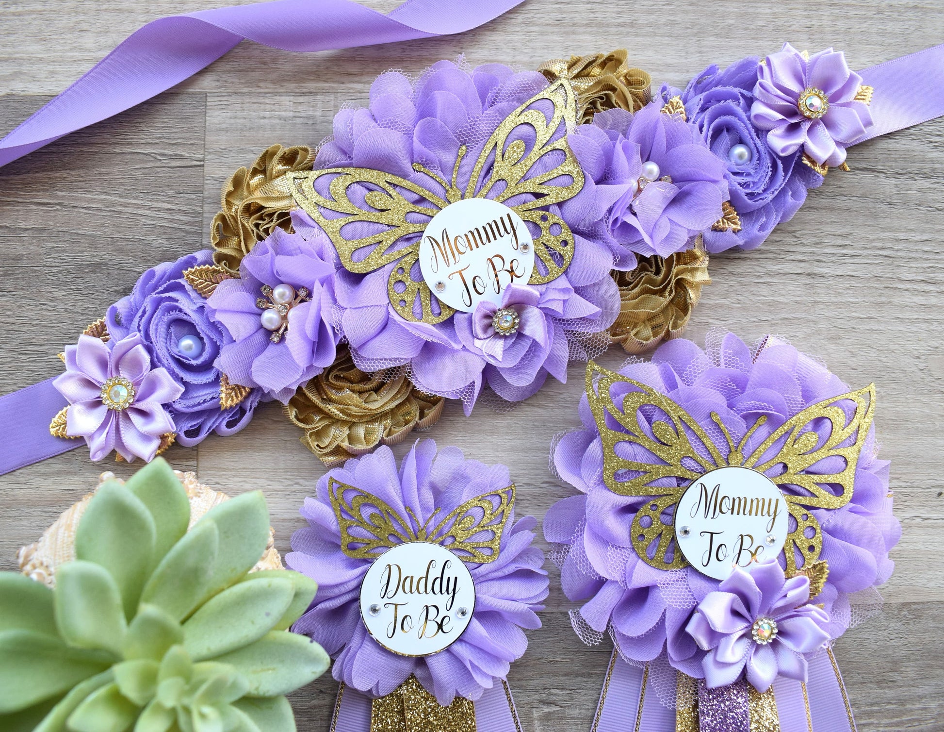 Lavender Butterfly Baby Shower, Butterfly Maternity Belly Sash, Gold Butterfly Mommy To Be Ribbon, Lilac Butterfly Daddy To Be Pin, Custom - Celebrations By Cris