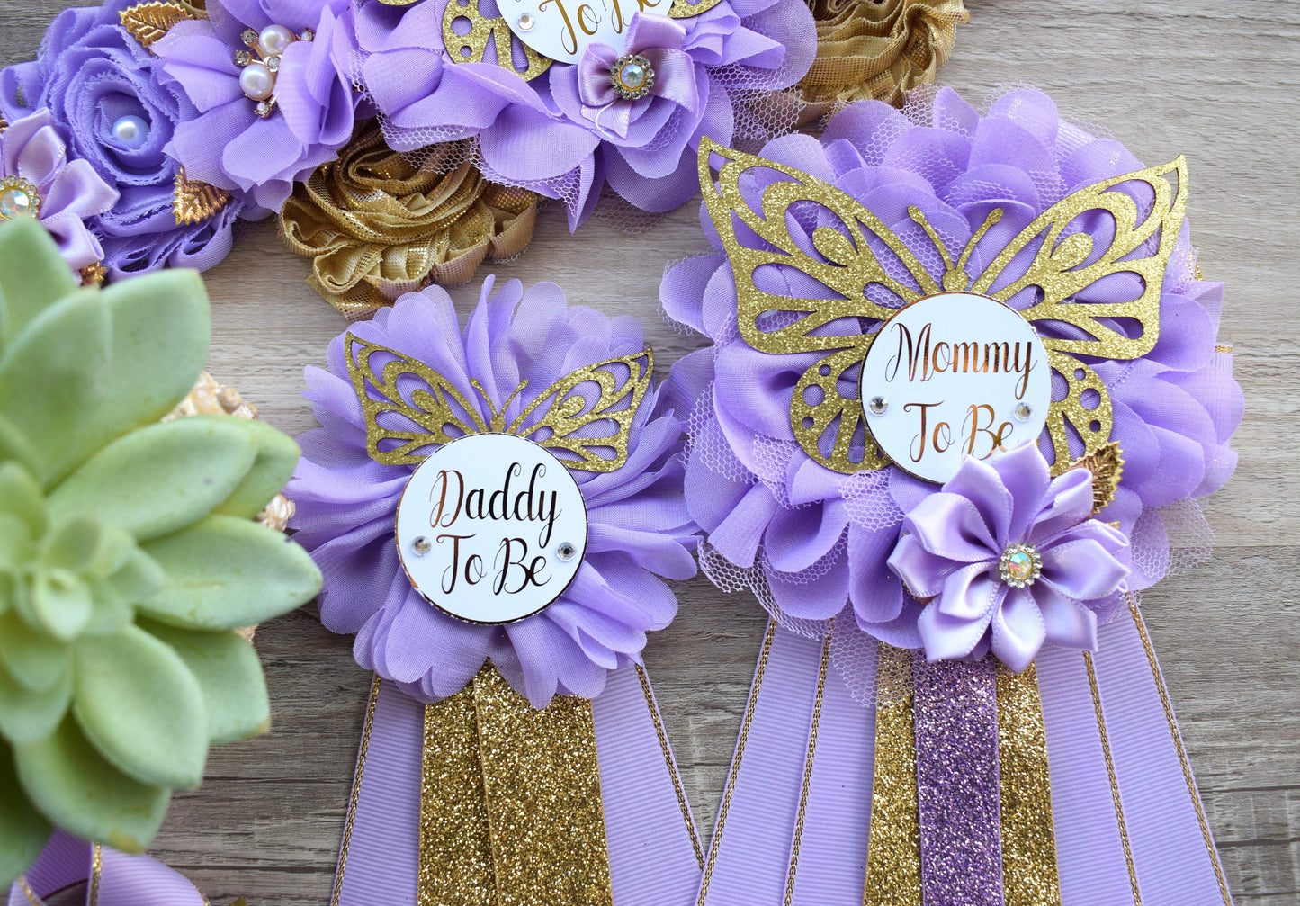 Lavender Butterfly Baby Shower, Butterfly Maternity Belly Sash, Gold Butterfly Mommy To Be Ribbon, Lilac Butterfly Daddy To Be Pin, Custom - Celebrations By Cris