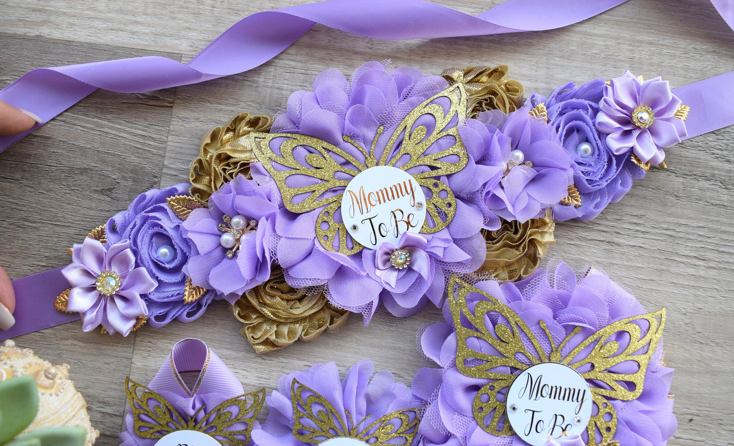 Lavender Butterfly Baby Shower, Butterfly Maternity Belly Sash, Gold Butterfly Mommy To Be Ribbon, Lilac Butterfly Daddy To Be Pin, Custom - Celebrations By Cris