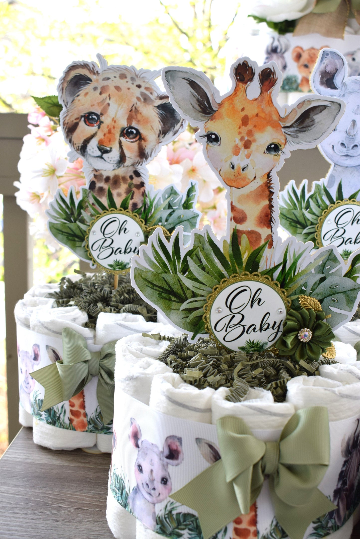 Jungle Safari Mini Diaper Cake Baby Shower, Baby Shower Centerpieces Decorations, Girls Room Nursery Decor, New Mom Gifts - S0001