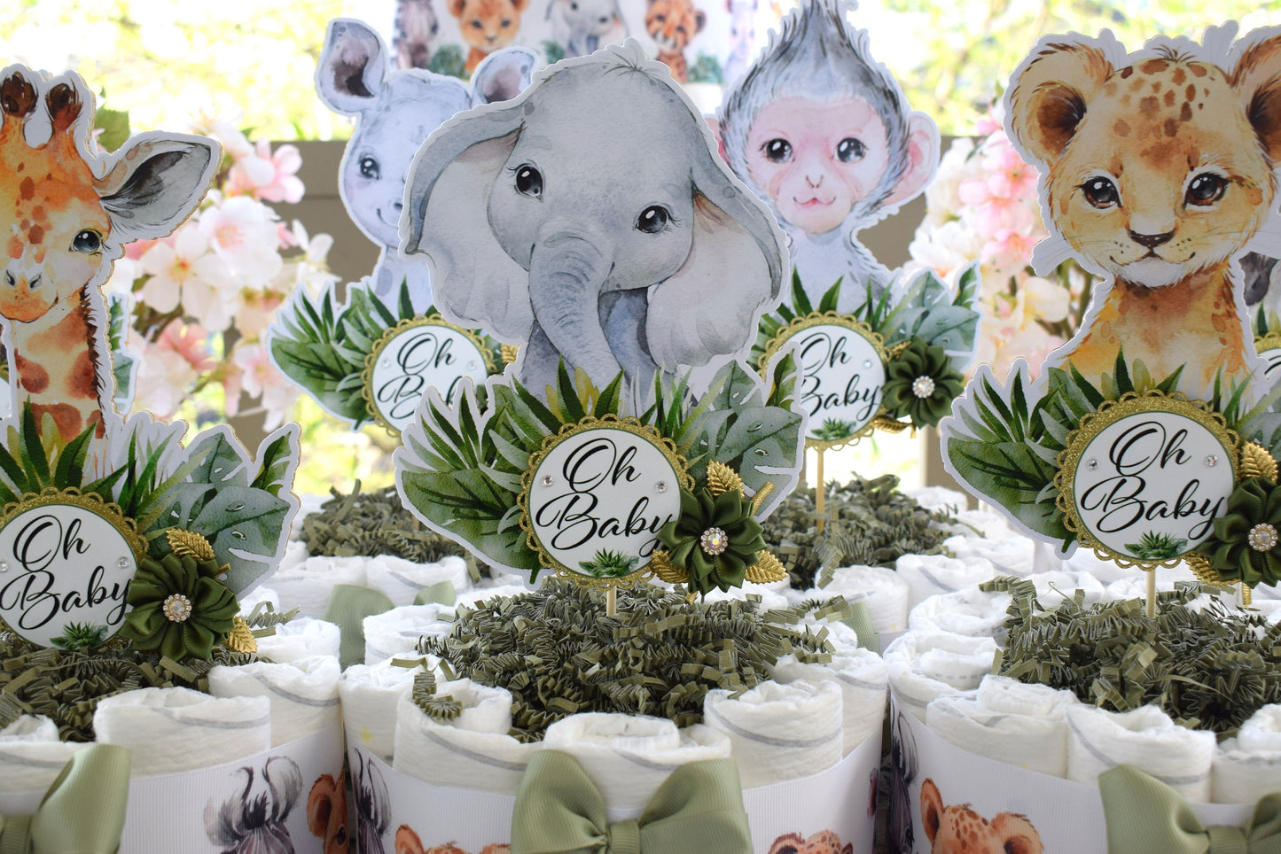 Jungle Safari Mini Diaper Cake Baby Shower, Baby Shower Centerpieces Decorations, Girls Room Nursery Decor, New Mom Gifts - S0001