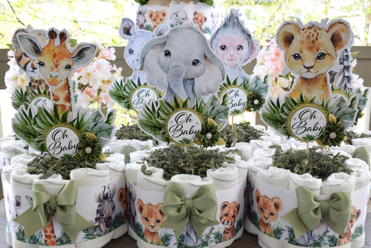 Jungle Safari Mini Diaper Cake Baby Shower, Baby Shower Centerpieces Decorations, Girls Room Nursery Decor, New Mom Gifts - S0001