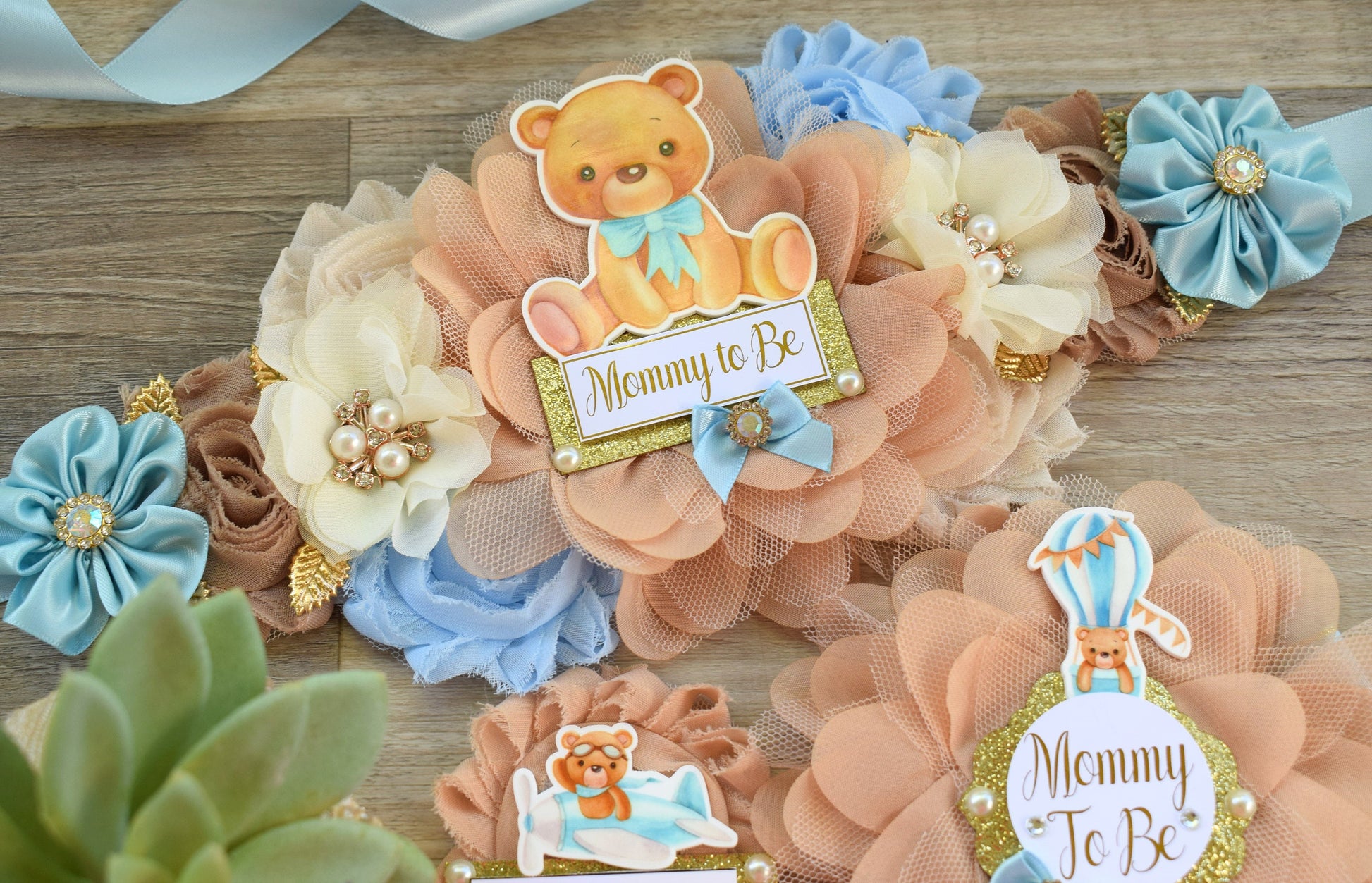 Blue Teddy Bear Baby Shower, Teddy Bear Blue Flower Sash, Teddy Bear Corsage Pin, Bear Mommy To Be, Bear Daddy To Be, Bear Baby Shower - Celebrations By Cris