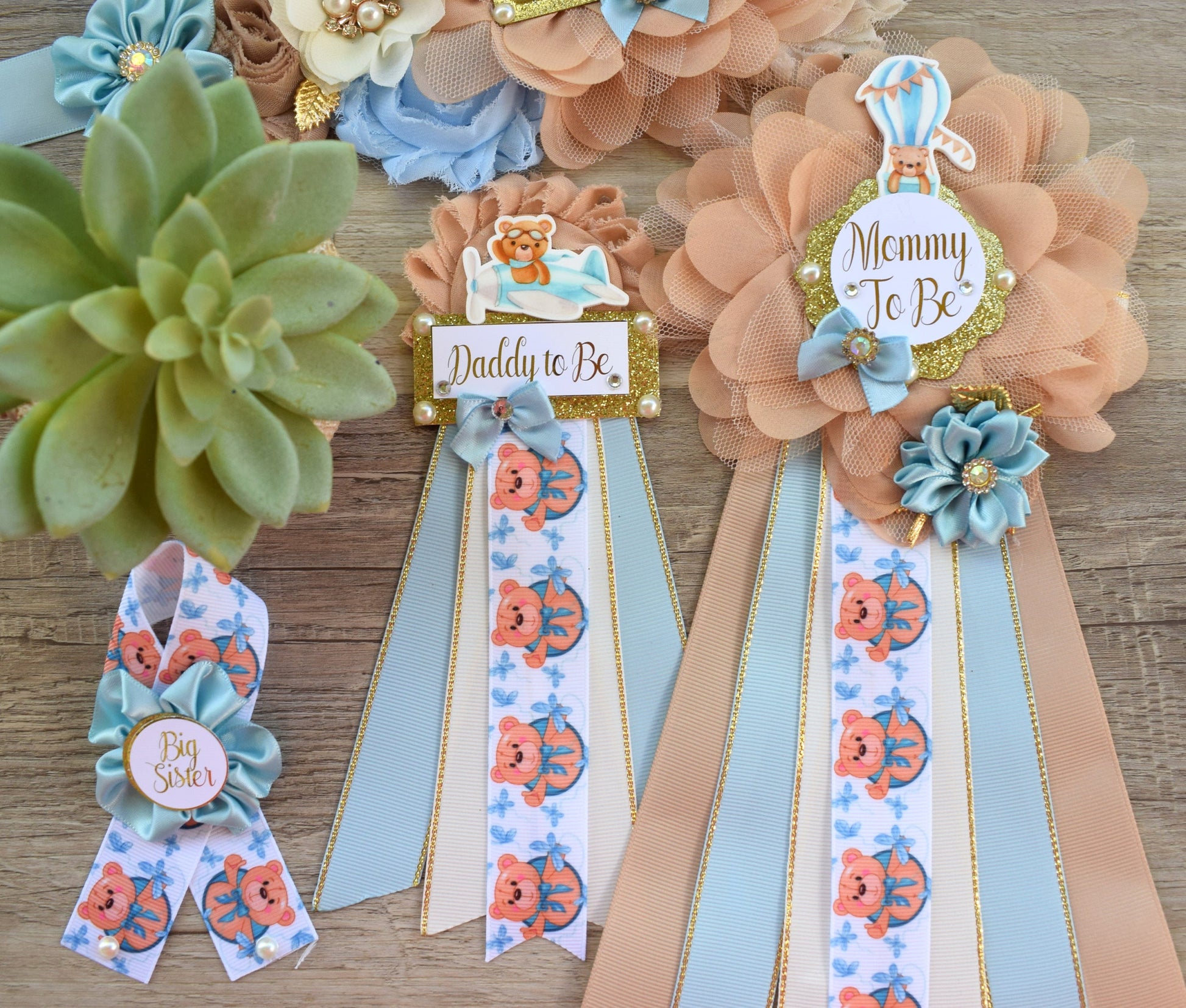 Blue Teddy Bear Baby Shower, Teddy Bear Blue Flower Sash, Teddy Bear Corsage Pin, Bear Mommy To Be, Bear Daddy To Be, Bear Baby Shower - Celebrations By Cris