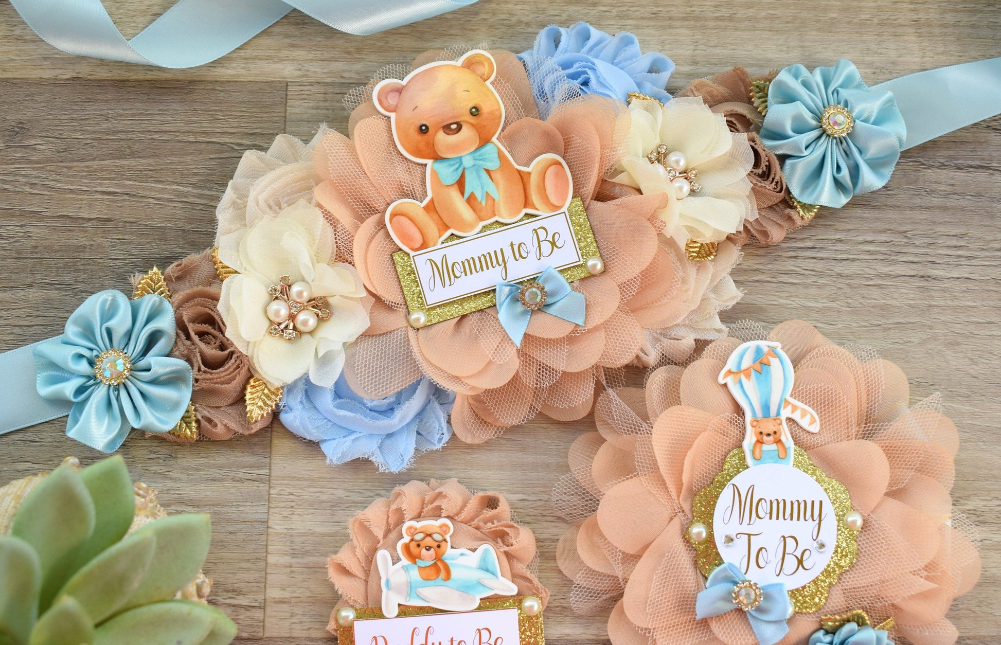 Blue Teddy Bear Baby Shower, Teddy Bear Blue Flower Sash, Teddy Bear Corsage Pin, Bear Mommy To Be, Bear Daddy To Be, Bear Baby Shower - Celebrations By Cris