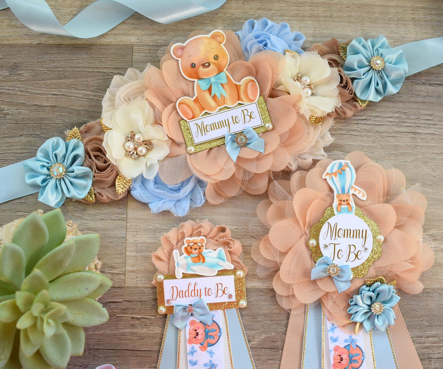 Blue Teddy Bear Baby Shower, Teddy Bear Blue Flower Sash, Teddy Bear Corsage Pin, Bear Mommy To Be, Bear Daddy To Be, Bear Baby Shower - Celebrations By Cris