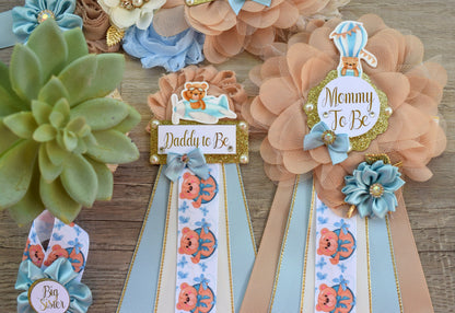 Blue Teddy Bear Baby Shower, Teddy Bear Blue Flower Sash, Teddy Bear Corsage Pin, Bear Mommy To Be, Bear Daddy To Be, Bear Baby Shower - Celebrations By Cris