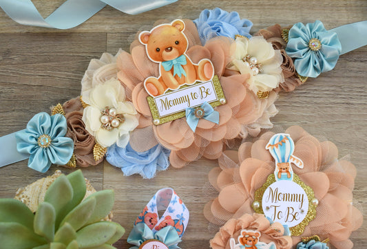 Blue Teddy Bear Baby Shower, Teddy Bear Blue Flower Sash, Teddy Bear Corsage Pin, Bear Mommy To Be, Bear Daddy To Be, Bear Baby Shower - Celebrations By Cris