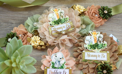 Jungle Safari Boho Baby Shower, Safari Sage Maternity Sash, Animal Mommy To Be Ribbon, Jungle Daddy To Be Pin, Greenery Shower, Custom - Celebrations By Cris