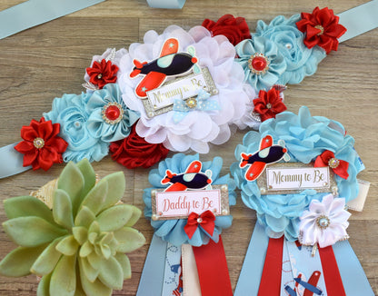 Airplane Baby Shower, Boy Baby Shower, Airplane Maternity Sash, Up Up and Away, Fly Airplane Baby Shower Sash, Blue Red White, Custom Set - Celebrations By Cris